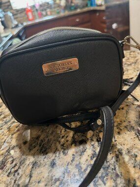Victoria's Secret Black Faux Leather Crossbody Bag Gold Logo Tassel Zipper Pull